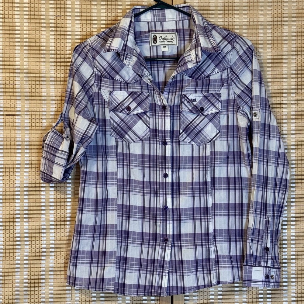 Outback‎ Trading Co. Womens S Western  Pearl Snap Purple plaid Roll Tab Ranch